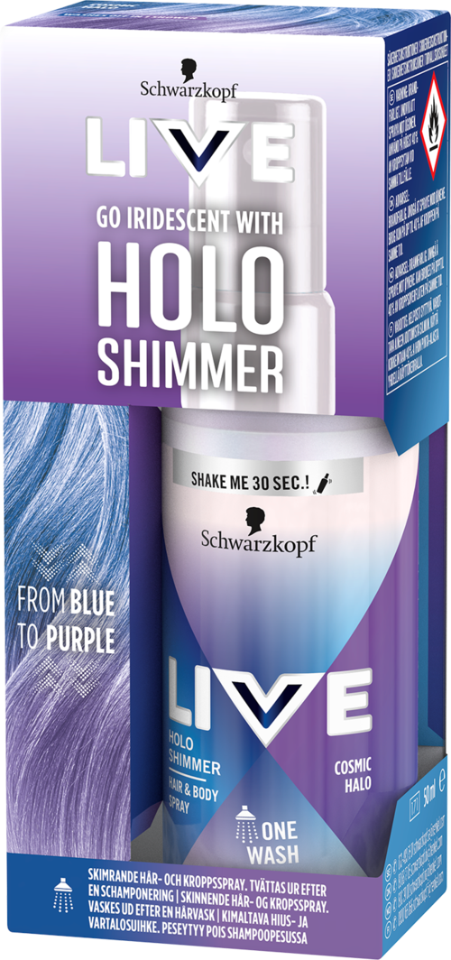 A box of hair dye with blue and purple colors, labeled for creating iridescent, holographic hair effects.
