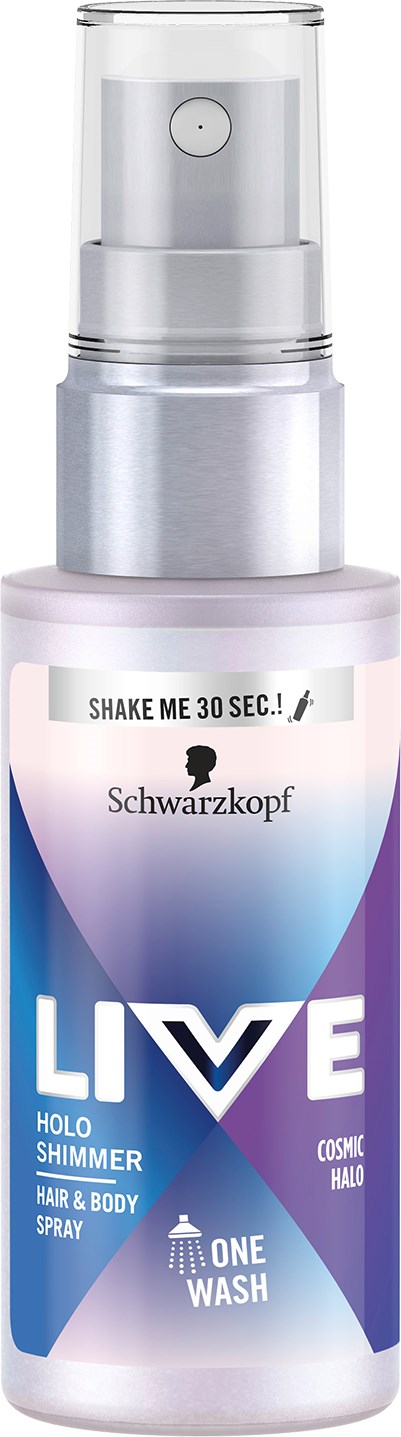 A spray bottle labeled 'LIVe' for hair and body with a silver pump and colorful design.
