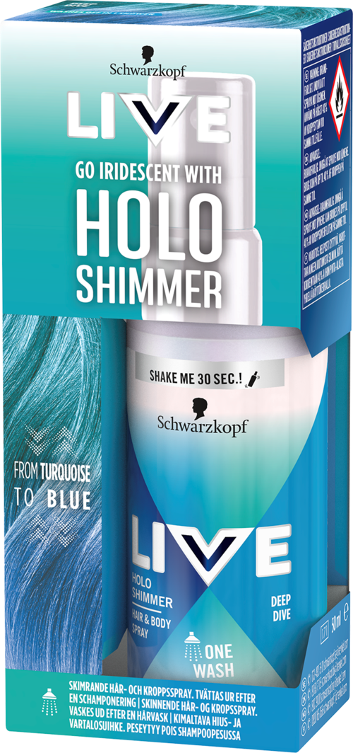 A shampoo box with blue and white colors, showing the product name "LIVE GO IRIDESCENT WITH HOLO SHIMMER" and a shampoo bottle.
