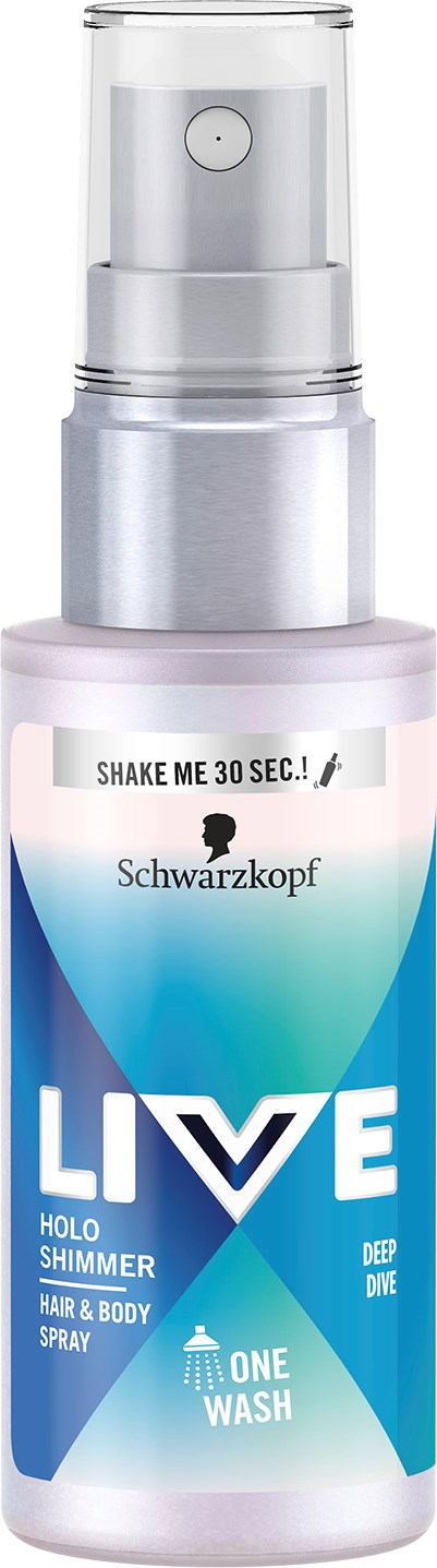 A spray bottle labeled 'LIVE' for hair and body, black top, blue and white design, promotes deep shine and clean.