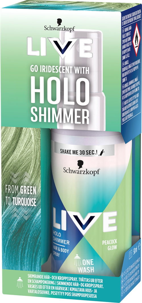 A box of hair dye with green and blue colors, showing the product name 'LIVET' and features like holographic shimmer.