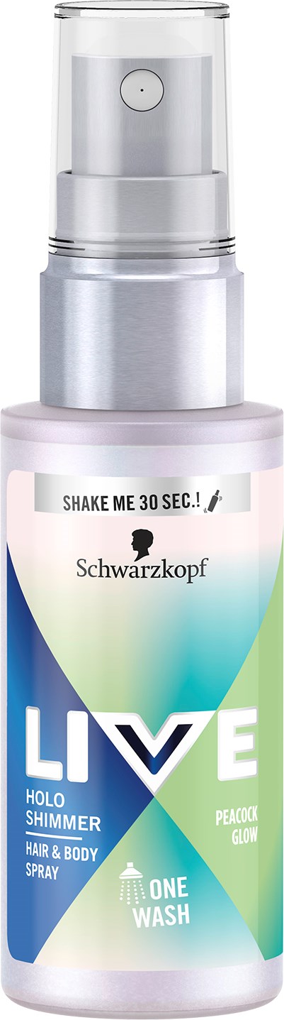 A spray bottle labeled 'LIVE' by Schwarzkopf, with a pump nozzle, showing it's for hair and body use.