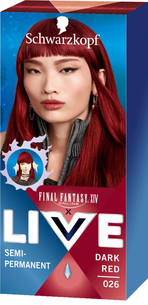 Box of Schwarzkopf hair dye in dark red, showing a woman with long red hair, makeup, and earrings.
