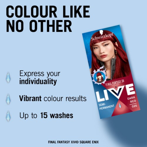 Promotional image for Schwarzkopf hair dye, showing vibrant red color, with text about color results and up to 15 washes.