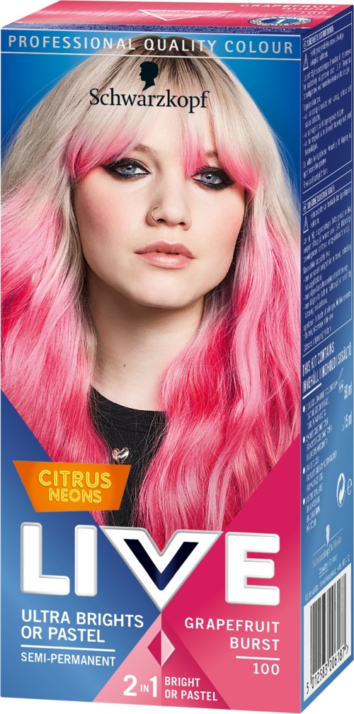 Haarfärbekarton mit Modell, das hellrosa und blondes Haar zeigt, Marke Schwarzkopf.