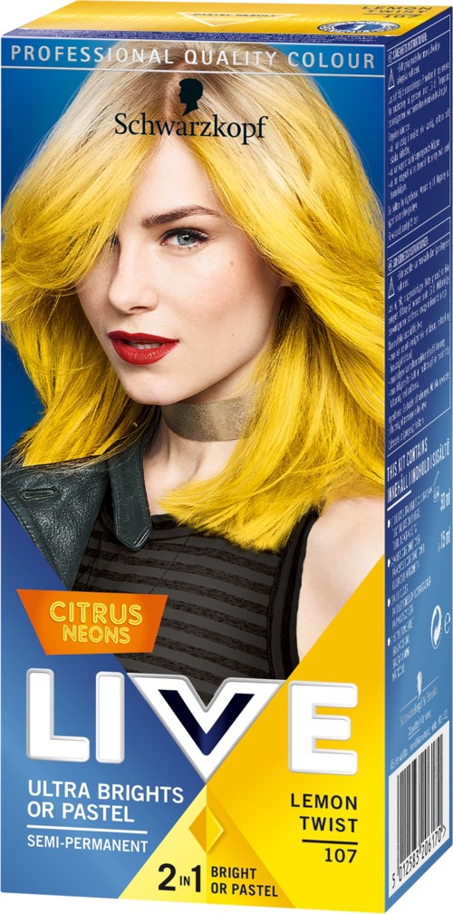 Verpackung zeigt eine Frau mit leuchtend gelbem Haar, roten Lippen und Lederjacke, bewirbt Haarfarbe in Citrus Neon Farben.