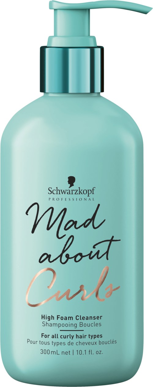 En ljusblå flaska med Schwarzkopf Mad About Curls skumrengöring för lockigt hår, med pump.
