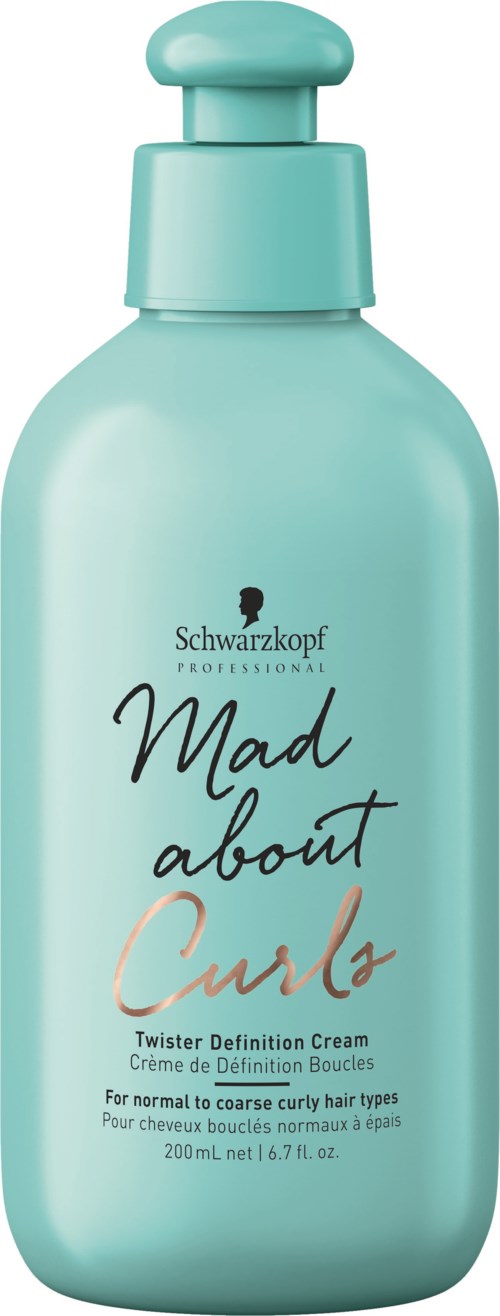 A light blue bottle of Schwarzkopf professional Mad about Curls cream for curly hair, with a pump top.