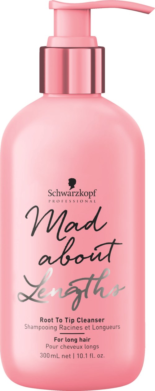 Pink schampoflaska märkt 'Mad about Length' för långt hår, med pump.