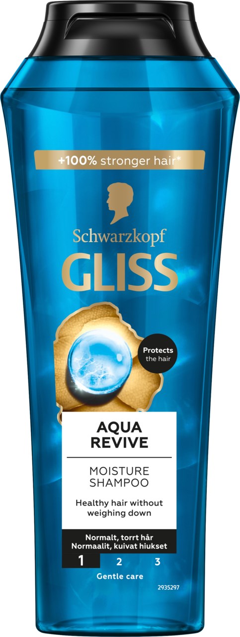 En blå flaska Schwarzkopf Gliss Aqua Revive Moisture Shampoo med svart lock, visar text och en vågdesign.
