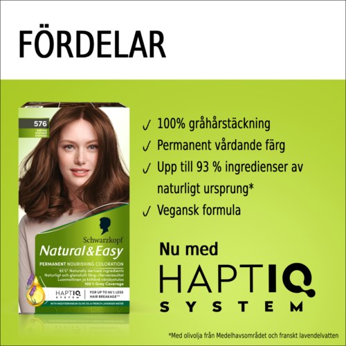 Text and product image for hair dye with benefits listed, including color coverage, natural ingredients, and vegan formula.