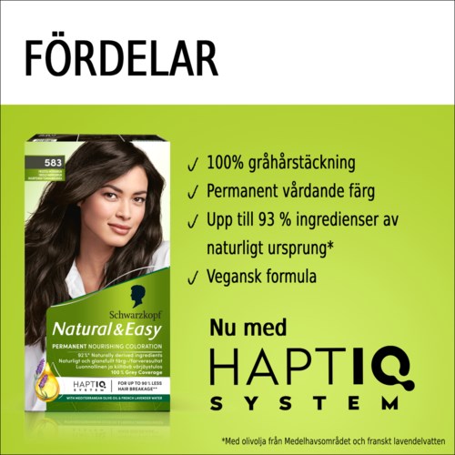 Text describing hair color product benefits and features, including natural ingredients, vegan formula, and long-lasting color.
