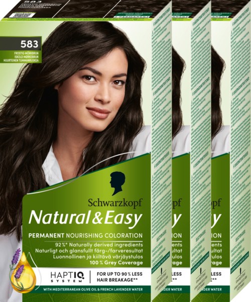 Fire æsker Schwarzkopf Natural & Easy hårfarve med en smilende kvinde på emballagen.