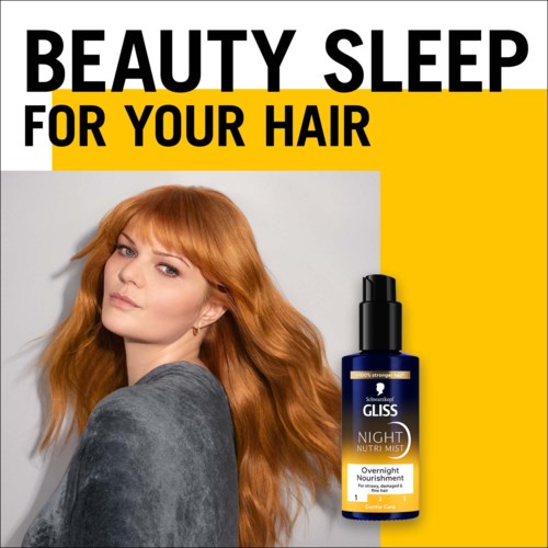 A woman with long, red hair looks at the camera, next to a blue bottle labeled for hair care at night.