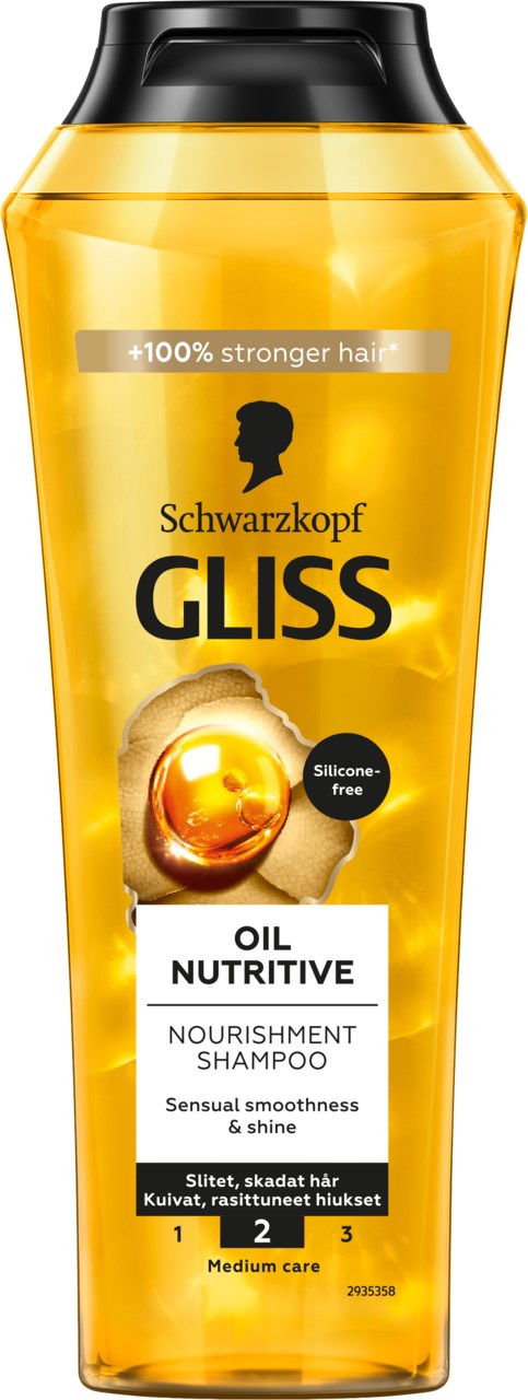 Keltainen shampoopullo mustalla korkilla, merkattu 'Schwarzkopf Gliss Oil Nutritive' hiusten ravitsemiseen. Sisältää numerot 1, 2, 3.