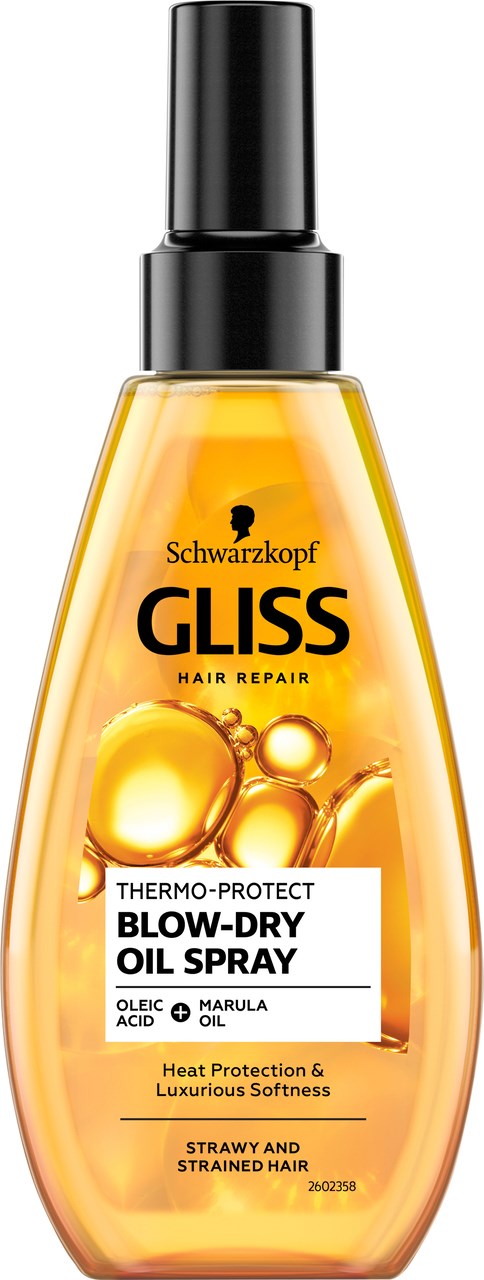 Pomarańczowa butelka sprayu oleju do włosów z etykietą Gliss Hair Repair, czarną nakrętką i końcówką do spryskiwania.