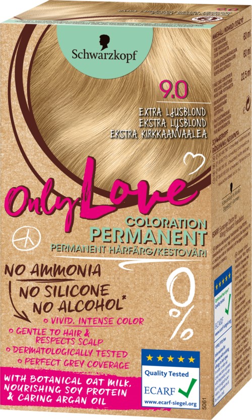 Förpackning av Schwarzkopf Only Love permanent hårfärg i blond nyans 9.0, med rosa och vita textremsor, och olika påståenden på förpackningen.