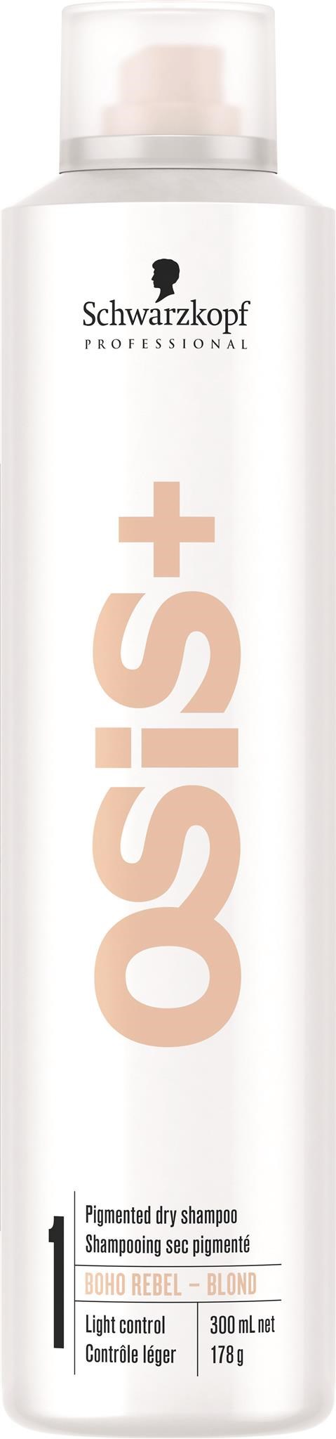 En vit flaska av Schwarzkopf Osis+ Pigmented torrschampo med pump, märkt för blont hår och lätt kontroll.