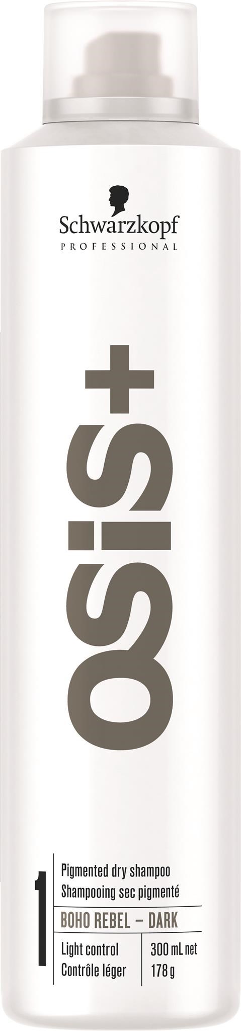 En vit flaska med svart text. Den står "OSIS+" och är torrschampo från Schwarzkopf. Den är mörk.