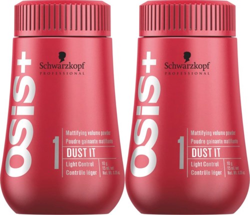 Två röda flaskor av Schwarzkopf OSIS Dust It mattvolympuder med etiketter och lock.