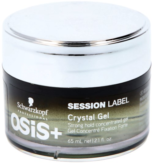 A small jar with a silver lid and black label. The label says it is Osis+ Crystal Gel for hair styling.