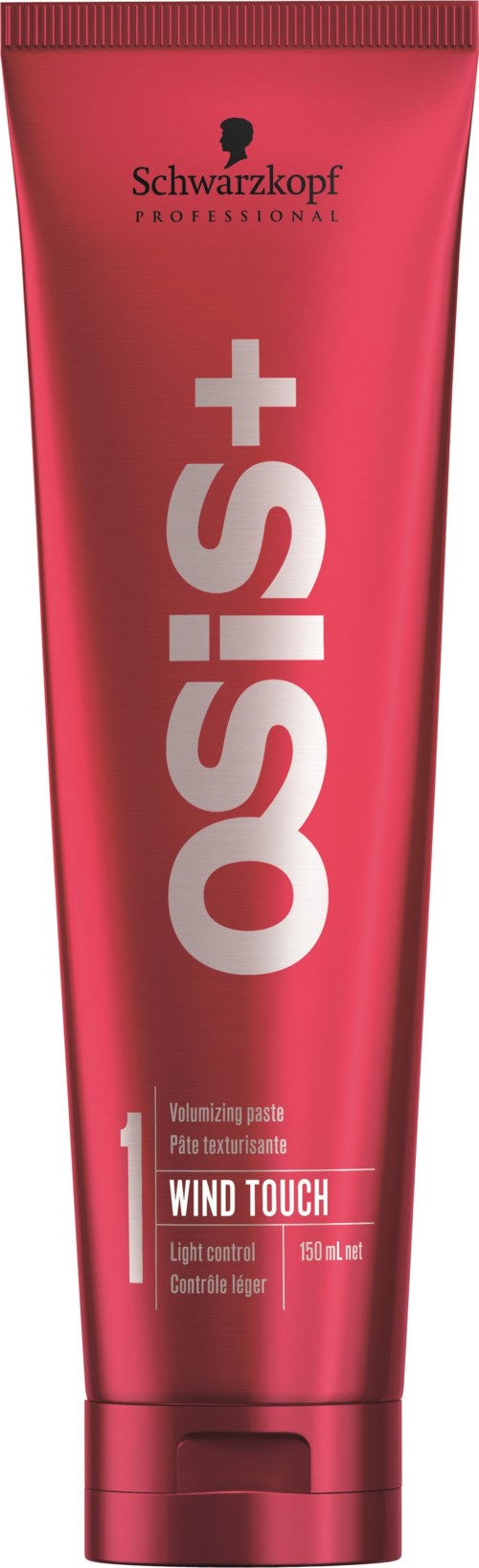En röd tub med Schwarzkopf OSIS+ Wind Touch stylingprodukt med vit och svart text.