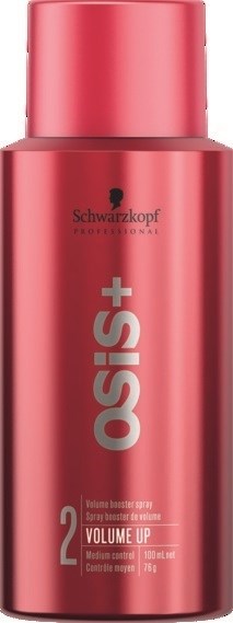 En rosa flaska av Schwarzkopf Osis+ Volume Up hårprodukten med lock, etiketten visar medelstarkt grepp, 100 ml.