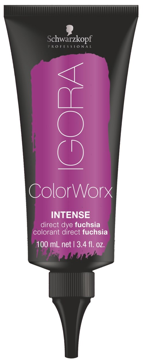 En svart tub med lila och rosa text, visar att det är hårfärg från Schwarzkopf Igora ColorWorx Intense.