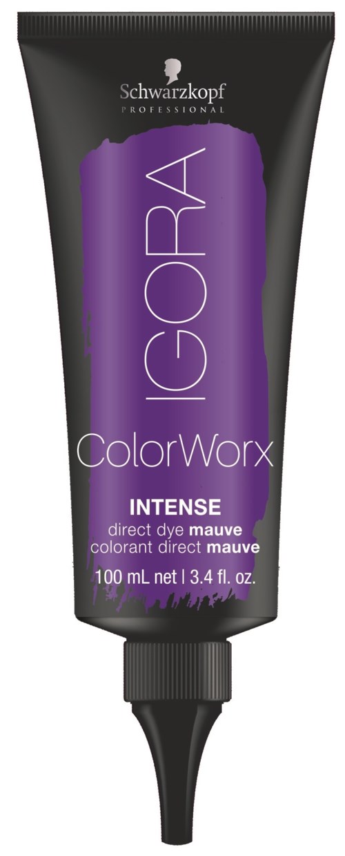 En tub med Schwarzkopf IGORA hårfärg, lila och svart förpackning, märkt 'Intense' för direktfärg mauve.