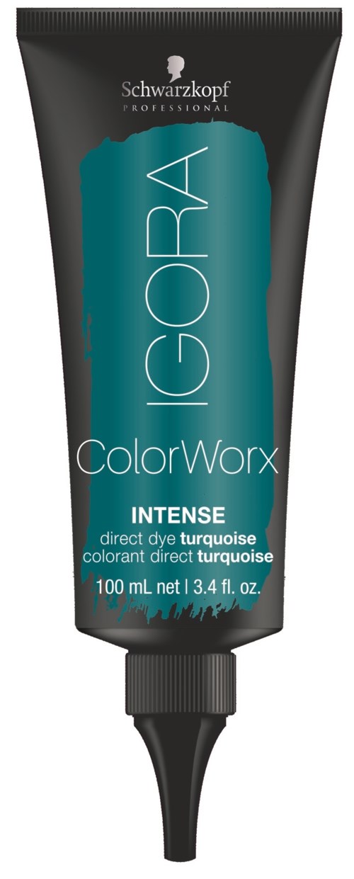 Ett rör med Schwarzkopf hårfärg märkt 'IGORA ColorWorx Intense' i turkost, 100 ml, för direktfärgning.