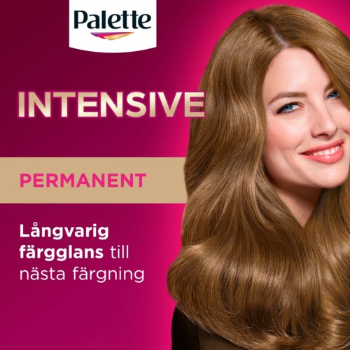 En kvinde med langt, glansfuldt, lysebrunt hår, smilende på rosa baggrund med hårplejeprodukt tekst.