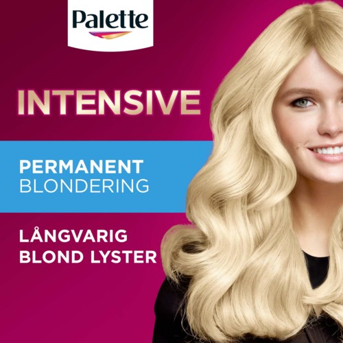 En kvinna med långt, blont, vågigt hår ler på en rosa och blå bakgrund, annonserar permanent blonding hårfärg.
