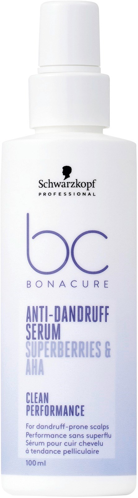 En vit flaska Schwarzkopf Professional Bonacure anti-dandruff serum, med spraylock, märkt för mjällkontroll och hårbottenvård.