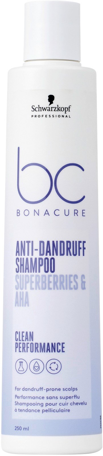 A white bottle of Schwarzkopf Bonacure anti-dandruff shampoo with blueberries and AHA for scalp health.