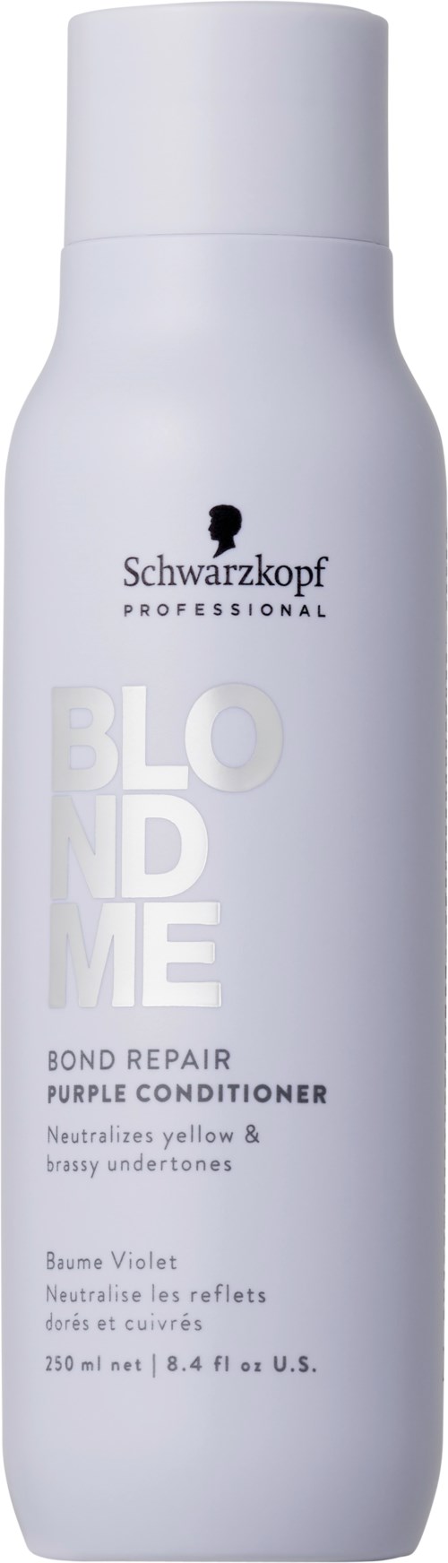 En vit flaska av Schwarzkopf Professional Blond Me Bond Repair Purple Conditioner med vit kork.