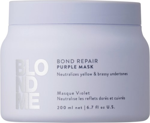 En vit burk med hårmask märkt 'Bond Repair Purple Mask' för att neutralisera gula toner. Rymmer 200 ml.