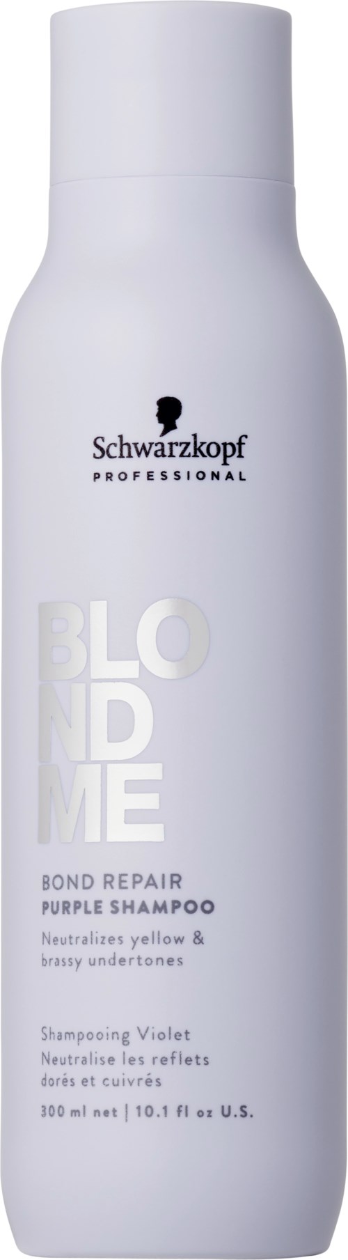 En vit schampoflaska med svart text och svart logga, märkt Schwarzkopf Professional Blond Me Bond Repair Shampoo.
