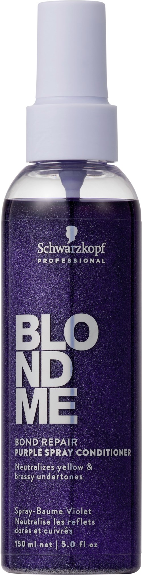 En lila sprayflaska med vitt lock, märkt 'Blond Me' för hårreparation, neutraliserar gult och koppriga toner.