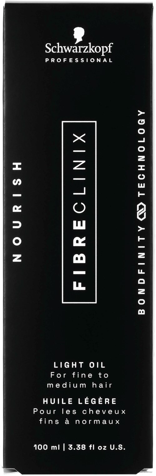 En svart förpackning märkt Schwarzkopf Professional, Fibre Clinix, Nourish, lätt olja för hår, 100 ml.