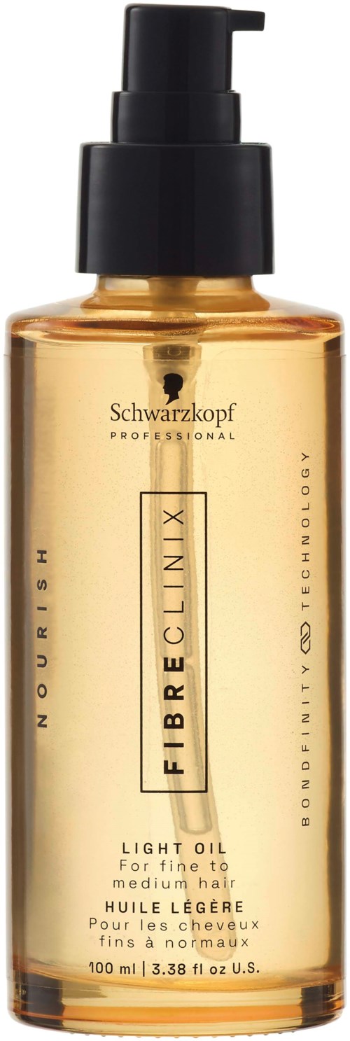 En hög, genomskinlig flaska med svart pump påstår att den är Schwarzkopf Professional Fibreclinix Light Oil för fint till medium hår.
