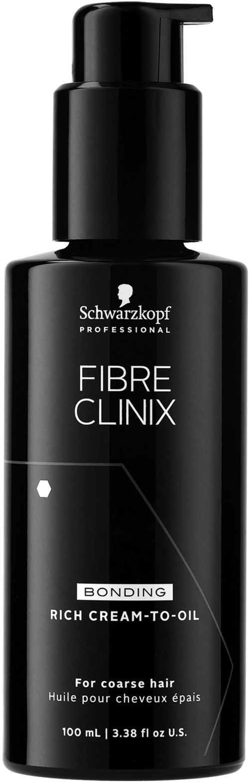 En svart flaske med pumpe merket Schwarzkopf FIBRE CLINIX, for tykt hår, inneholder bonding cream-to-oil, 100ml.