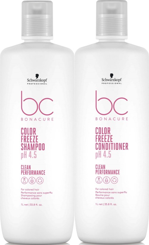 Två flaskor Schwarzkopf Bonacure hårprodukter, en för schampo och en för balsam, båda pH 4,5.