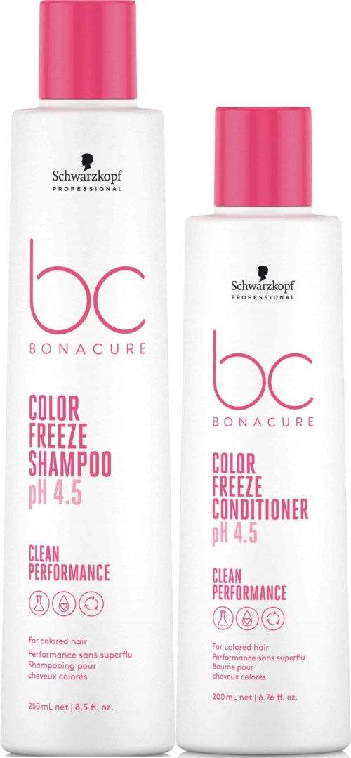 Två flaskor Schwarzkopf Bonacure hårprodukter: ett schampo och en balsam. Båda är för färgat hår och pH 4,5.