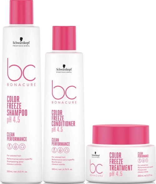 Tre flasker med Schwarzkopf Bonacure hårprodukter: sjampo, balsam og behandling, alle for farget hår med pH 4,5.