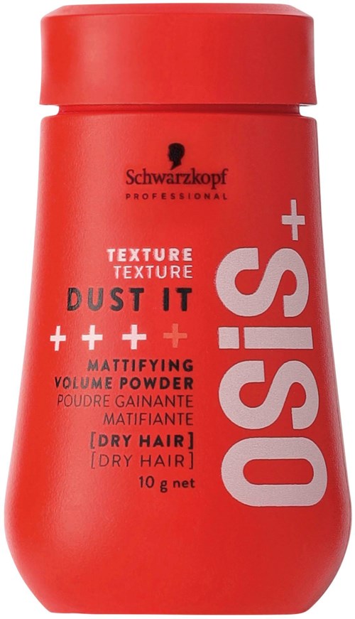 Czerwona butelka pudru do włosów Schwarzkopf dla suchych włosów, oznaczona 'OSIS+ Dust It' dla objętości i matowego wykończenia.
