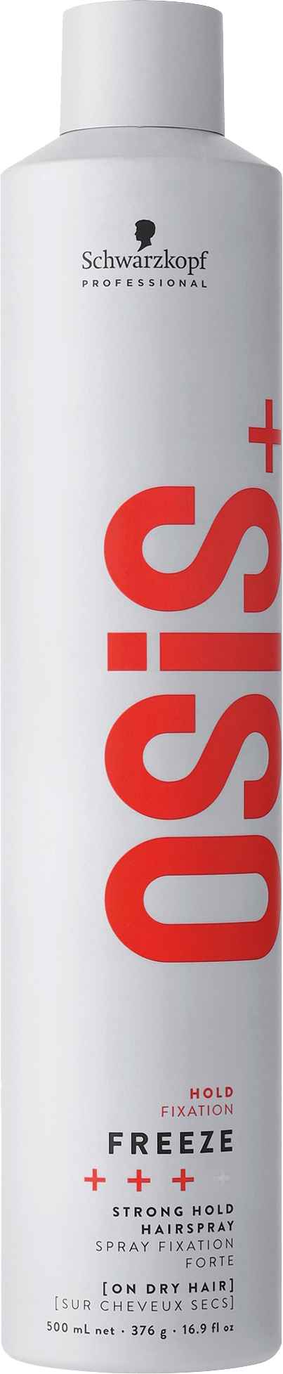 En vit sprayflaska med svart och röd text, märkt 'S+ OSIS+ Freeze' av Schwarzkopf, används för hårstyling.