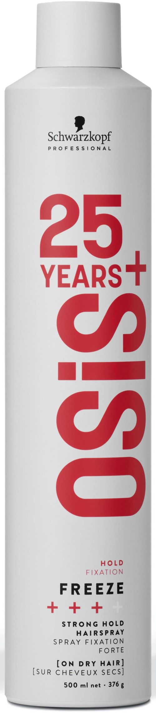 En hvid cylindrisk flaske med rød og sort tekst, fejrer 25 år af Osis+ hårprodukt, mærket som hold og fiksering.
