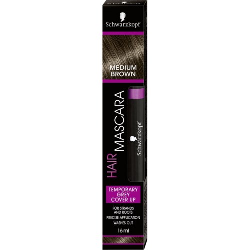 Haarfarbepackung in Schwarz und Lila, Schwarzkopf, für mittelbraune Haare, temporäre graue Abdeckung, 16 ml.