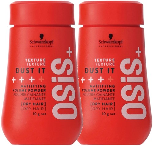 Två röda flaskor av Schwarzkopf Osis Dust It matvolympuder för torrt hår.