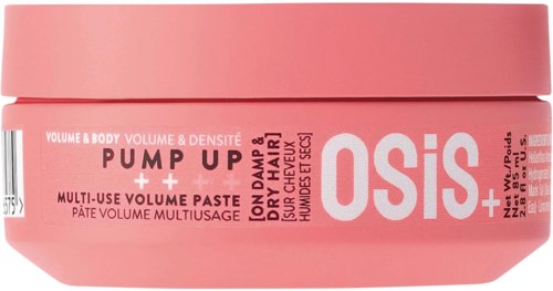 A pink container of hair product called Osmos Pump Up, designed for volume and body styling.
